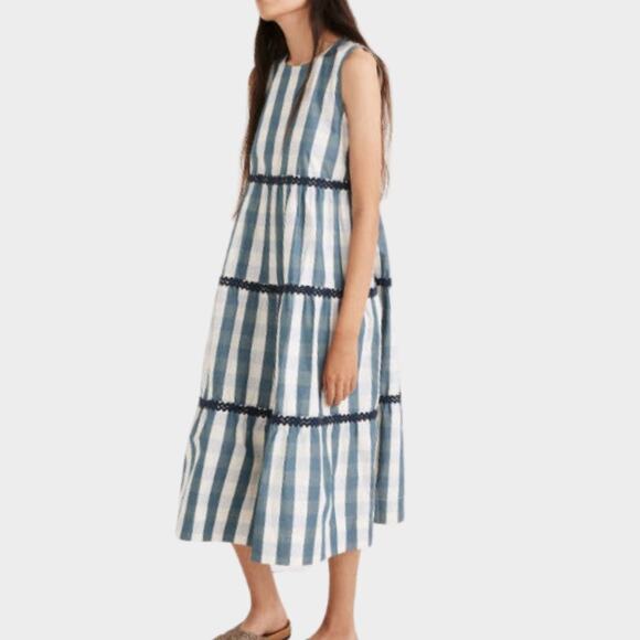 MADEWELL Women's Rickrack Cattail Tiered Dress in Gingham Check Blue Size S - Picture 1 of 11